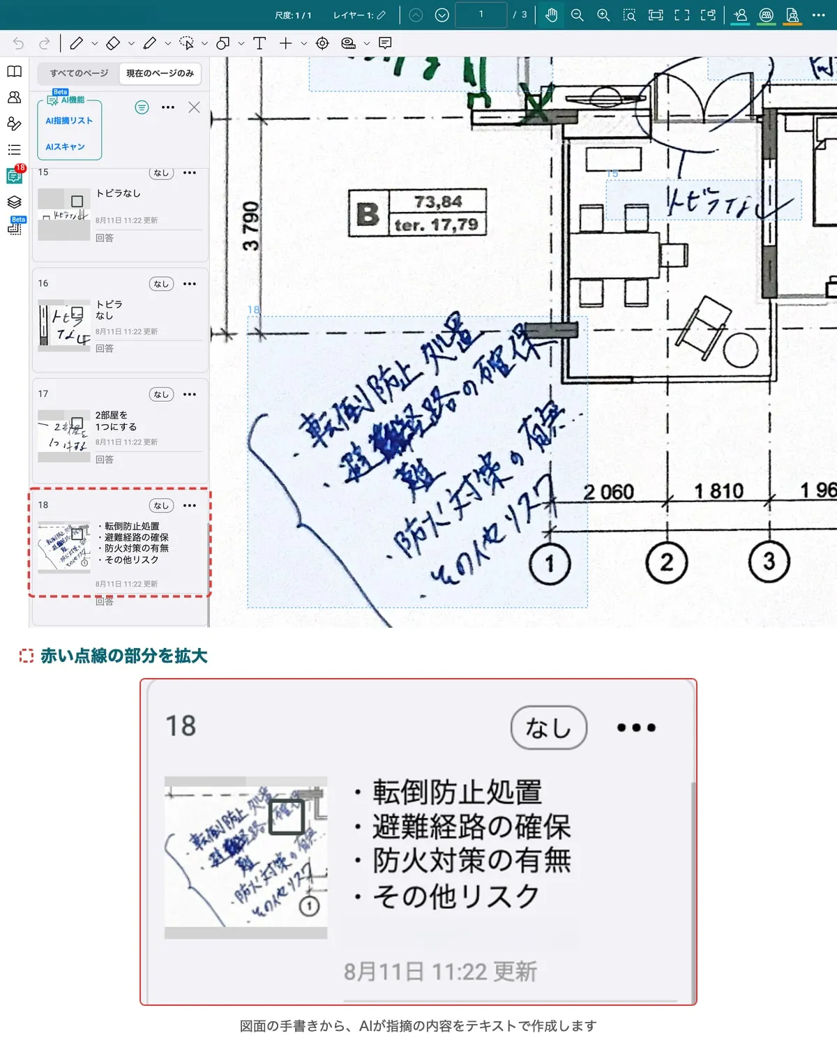 AIスキャンの実行画面と、AI が作成した指摘の拡大。図面の手書きから「転倒防止処置」「避難経路の確保」などの指摘がテキストで一覧に並んでいる