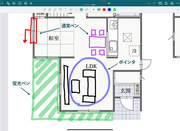 Buddyboardの手書き機能（通常ペンと蛍光ペン、ポインタ）の画面