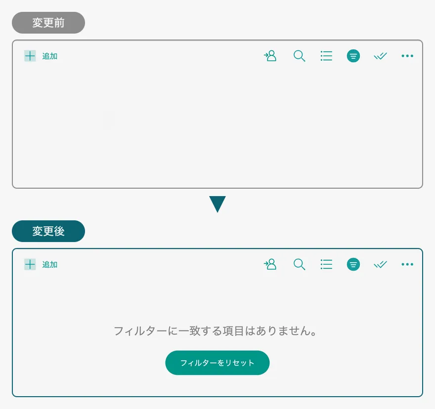 フィルタの結果が空のときの表示の変更前後の比較。変更前は空白のままだが、変更後は「フィルターに一致する項目はありません。」と「フィルターをリセット」ボタンが表示される