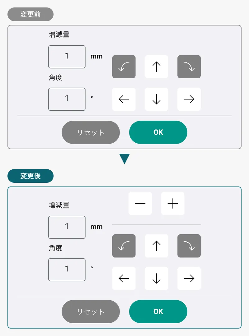 背景の調整ダイアログの変更前後の比較。変更後は上部に拡大・縮小のマイナス・プラスボタンが追加されている