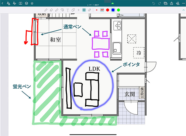 Buddyboardの手書き機能（通常ペンと蛍光ペン、ポインタ）の画面